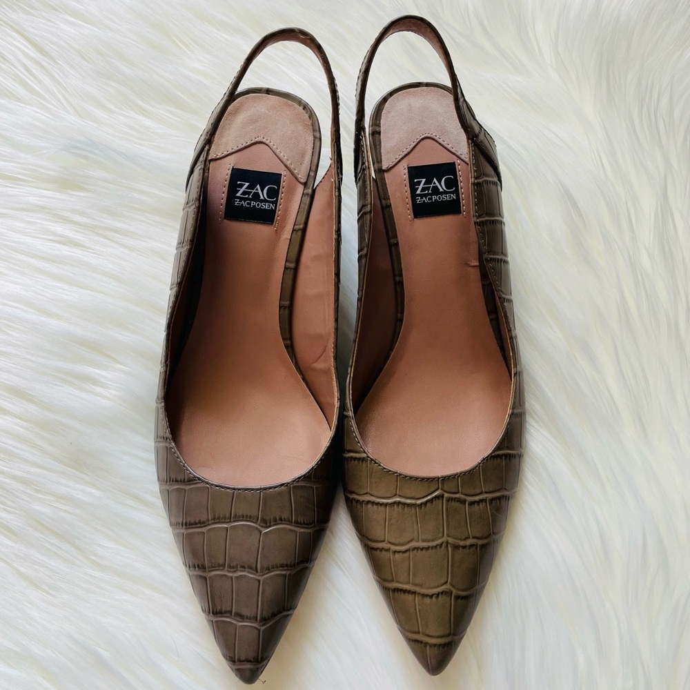 ZAC ZACPOSEN Point Toe Kitten Heeled Slingback Pumps In Croc Print Size 7.5
